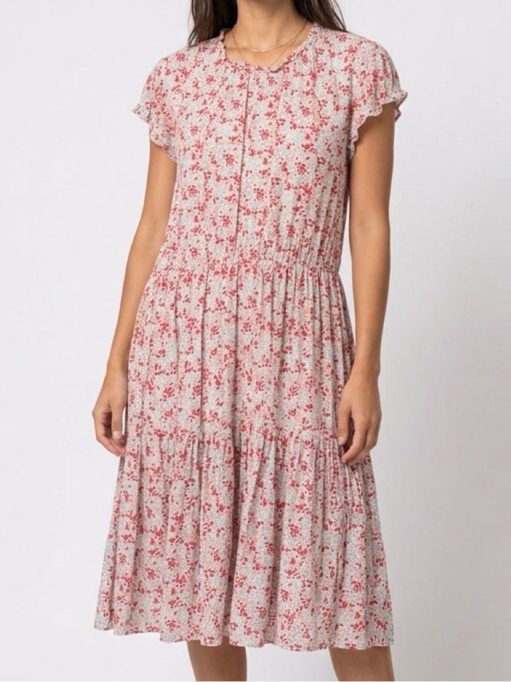 Kirundo Light Pink Blue Floral Tiered Ruffle Sleeve Midi Dress Cottagecore - Picture 11 of 11
